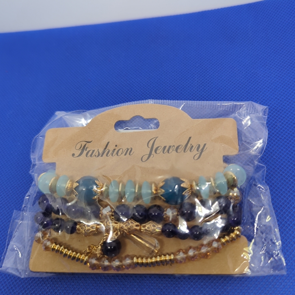 4 PC. STACKABLES Fashion Jewelry Blue and Gold Beaded Bracelets